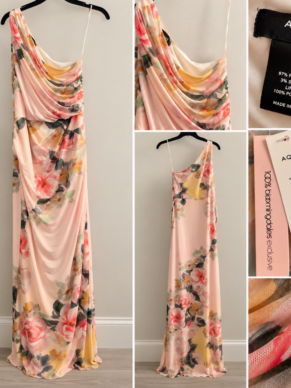 Aqua Peach Floral One-Shoulder Draped Maxi Dress